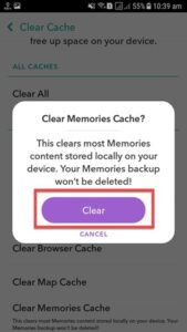 snapchat clear memories cache