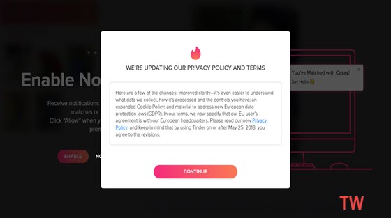 tinder pc privacy policy page