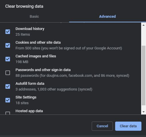 Clear Browsing Data Options
